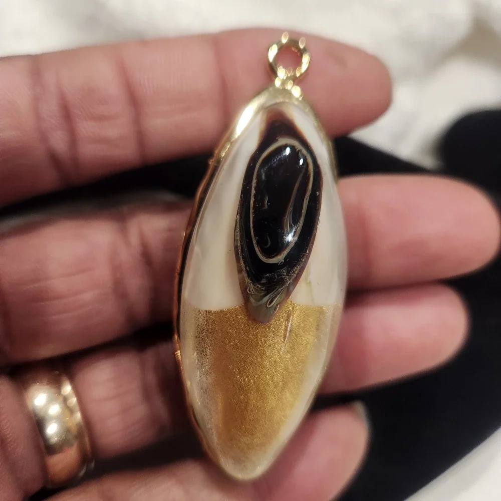 Vintage Gold Tone Pendant Marquise Abstract Resin White Gold Black Swirl chunky